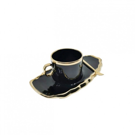 Set Ceasca Black Royal, lingurita si farfurie incluse, 25 cm, forma asimetrica, accente aurii, 100 ml, negru [2]