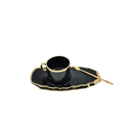Set Ceasca Black Royal, lingurita si farfurie incluse, 25 cm, forma asimetrica, accente aurii, 100 ml, negru [3]