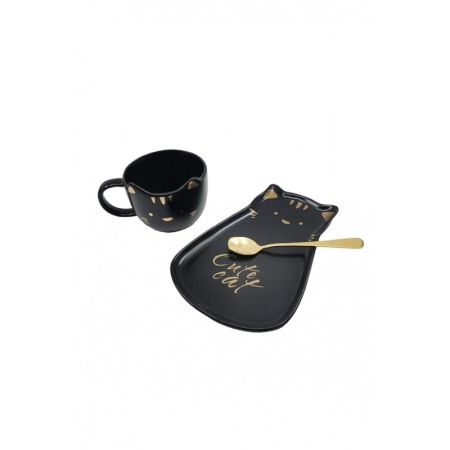 Set Ceasca CatCup, lingurita si farfurie incluse, forma asimetrica, accente aurii, 100 ml, negru, Doty®️ [4]