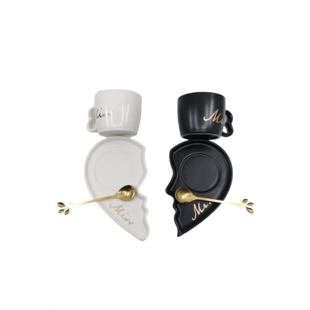 Set Cesti CoupleHeart, lingurite si farfurii incluse, forma asimetrica, accente aurii, 75 ml, negru/alb, Doty®️ [4]