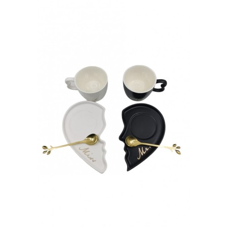Set Cesti CoupleHeart, lingurite si farfurii incluse, forma asimetrica, accente aurii, 75 ml, negru/alb, Doty®️ [2]