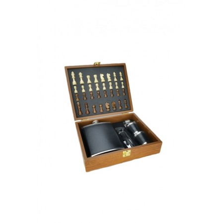 CADOURI SI SETURI - Set ,cutie eleganta cadou, joc de sah,plosca de 250 ml,piele ecologica neagra