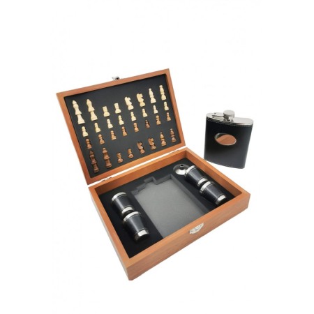 Set cutie joc de sah complet, plosca de 150 ml din inox si piele ecologica neagra cu 4 pahare pentru tarie si palnie [2]