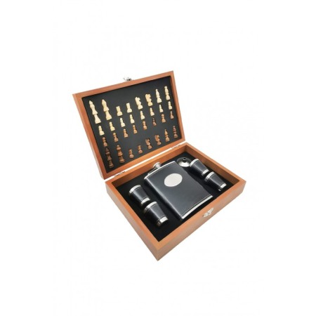 IDEEI DE CADOURI - Set cutie joc de sah complet, plosca de 150 ml din inox si piele ecologica neagra cu 4 pahare pentru tarie si palnie