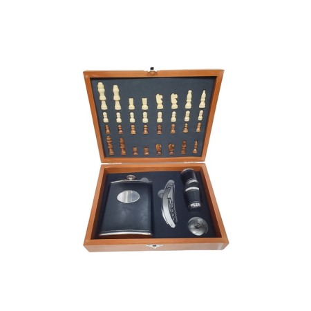 Set cutie joc de sah complet,plosca de 200 ml din inox si piele ecologica neagra cu 2 pahare pentru tarie si alte accesorii [2]