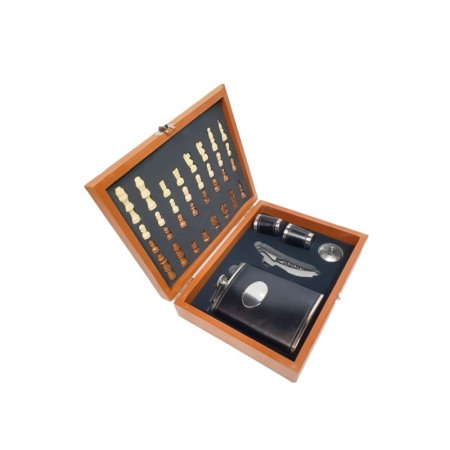 IDEEI DE CADOURI - Set cutie joc de sah complet,plosca de 200 ml din inox si piele ecologica neagra cu 2 pahare pentru tarie si alte accesorii