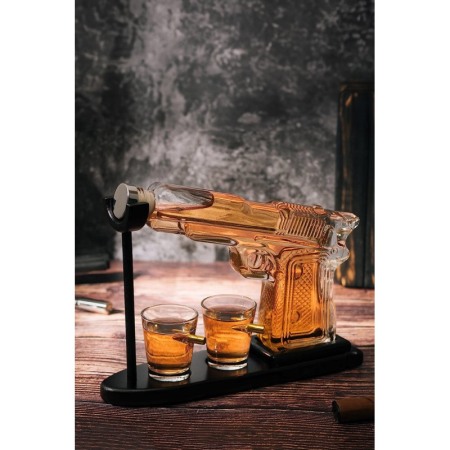 Set decantor PowerBullets Decanter, forma pistol, din sticla, 2 pahare, suport din lemn, elegant, 230 ml, Doty® [5]