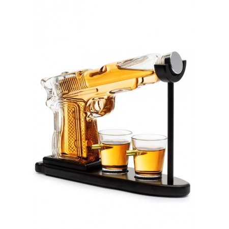 Acasa - Set decantor PowerBullets Decanter, forma pistol, din sticla, 2 pahare, suport din lemn, elegant, 230 ml, Doty®
