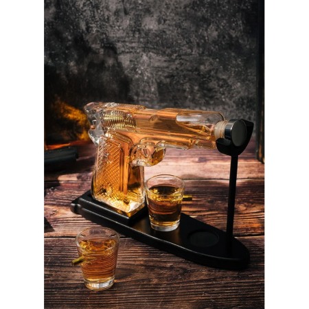 Set decantor PowerBullets Decanter, forma pistol, din sticla, 2 pahare, suport din lemn, elegant, 230 ml, Doty® [6]
