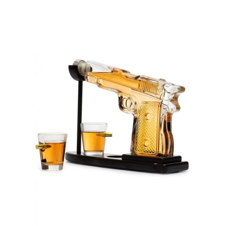 Set decantor PowerBullets Decanter, forma pistol, din sticla, 2 pahare, suport din lemn, elegant, 230 ml, Doty® [1]