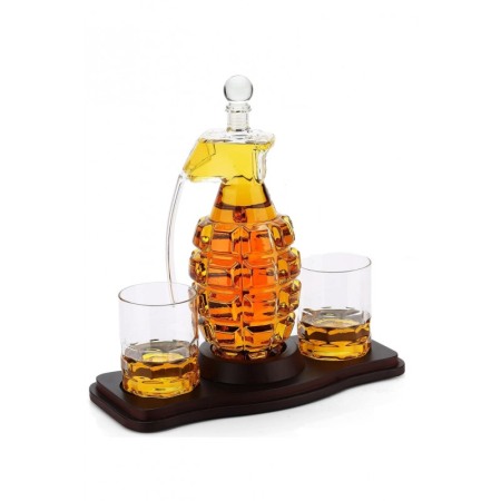 CADOURI SI SETURI - Set decantor PowerGrenade Decanter, forma grenada, din sticla, 2 pahare, suport din lemn, elegant, 850 ml, Doty®