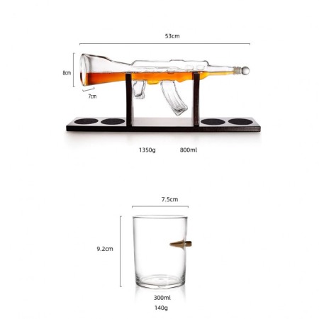 Set decantor ShotGun AK47, forma pusca, 4 pahare incluse, suport lemn, 800 ml, maro [6]