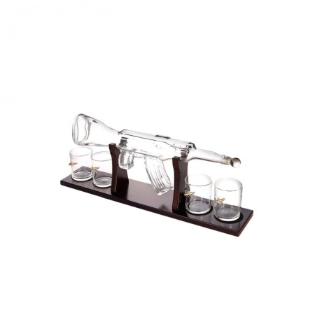 Set decantor ShotGun AK47, forma pusca, 4 pahare incluse, suport lemn, 800 ml, maro [3]