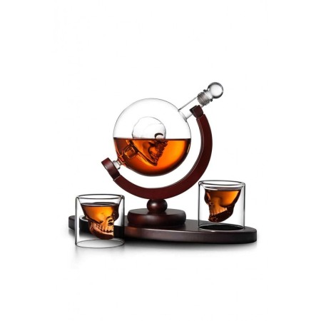IDEEI DE CADOURI - Set decantor Skull Power, cu 2 pahare, design cu craniu, suport din lemn,materiale de calitate,850 ml