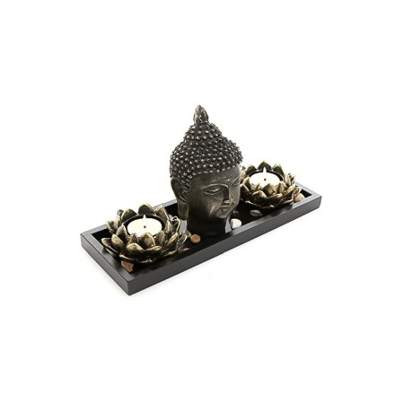Set decorativ Buddha Oasis, statueta, pietre, 2 suporturi lumanari si tavita incluse, accente aurii, 27 cm [2]