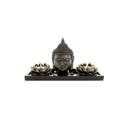 IDEEI DE CADOURI - Set decorativ Buddha Oasis, statueta, pietre, 2 suporturi lumanari si tavita incluse, accente aurii, 27 cm