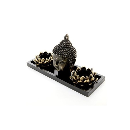 Set decorativ Buddha Oasis, statueta, pietre, 2 suporturi lumanari si tavita incluse, accente aurii, 27 cm [1]