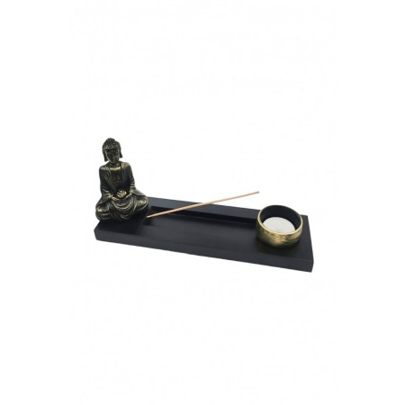 Set decorativ BuddhaTemple, statueta, 3 betisoare incluse, suport lumanare, accente aurii, 24 cm [3]