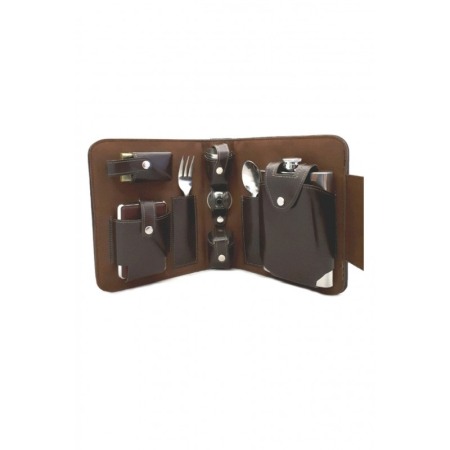 CADOURI SI SETURI - Set din inox cu plosca, 4 pahare, tacam,busola , palnie si tabachiera,piele ecologica maro, usor de transportat, doty