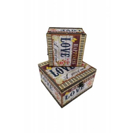 Organizatoare pentru ceasuri si bijuterii - Set doua cutii din lemn, imprimeu Happiness Love, ideal pentru decor, a fi oferite cadou sau pentru depozitare