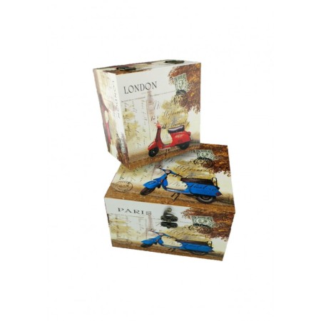 DECO - Set doua cutii din lemn, imprimeu Paris-London, ideal pentru decor, a fi oferite cadou sau pentru depozitare