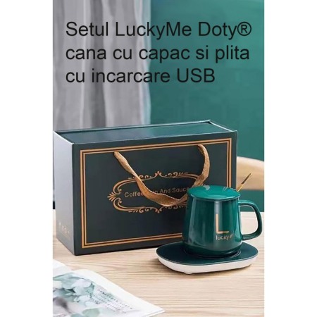 Set LuckyMe Doty® cana cu capac si plita cu incarcare USB, ceramica, lingurita aurie inclusa, 350 ml, verde smarald [1]