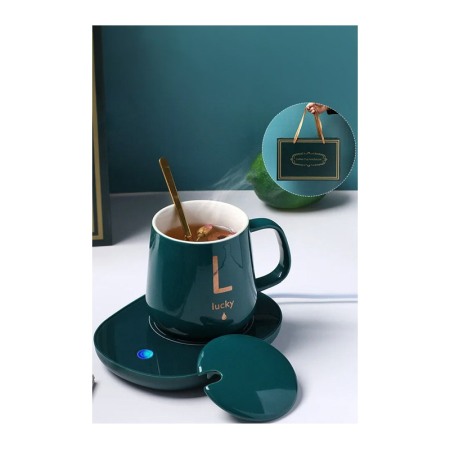 Set LuckyMe Doty® cana cu capac si plita cu incarcare USB, ceramica, lingurita aurie inclusa, 350 ml, verde smarald [5]