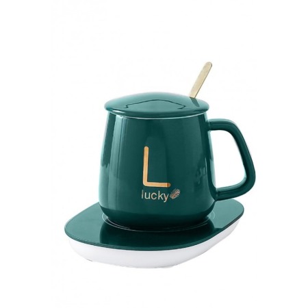 Set LuckyMe Doty® cana cu capac si plita cu incarcare USB, ceramica, lingurita aurie inclusa, 350 ml, verde smarald [11]