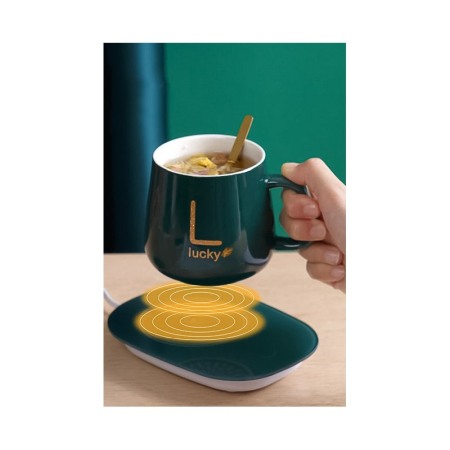 Set LuckyMe Doty® cana cu capac si plita cu incarcare USB, ceramica, lingurita aurie inclusa, 350 ml, verde smarald [3]
