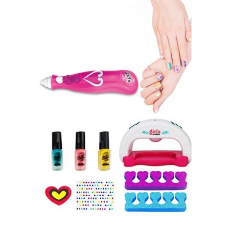 Set manichiura si pedichiura pentru copii GirlyCreator Doty®, set 3 oje, lampa, pila, glitter, strasuri si alte accesorii, roz [5]