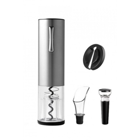 CADOURI SI SETURI - Set pentru vin AutomaticWineSet, tirbuson electric, taietor de folie, aerator, picurator, cablu USB, aluminiu, argintiu, Doty®️