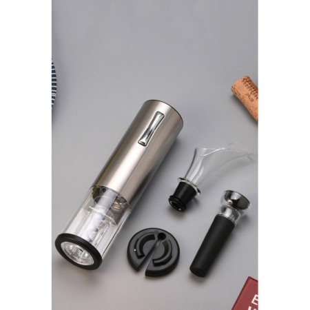 Set pentru vin AutomaticWineSet, tirbuson electric, taietor de folie, aerator, picurator, cablu USB, aluminiu, argintiu, Doty®️ [2]