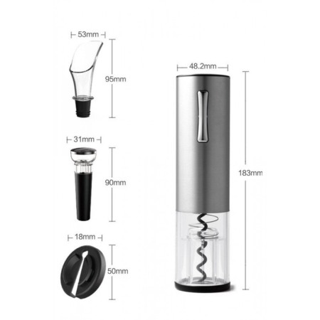 Set pentru vin AutomaticWineSet, tirbuson electric, taietor de folie, aerator, picurator, cablu USB, aluminiu, argintiu, Doty®️ [4]