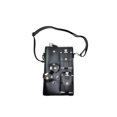Set plosca cu 2 pahare pliabile din inox GigaDrink Doty®, capacitate 2 l, toc din piele ecologica neagra, are curea [4]