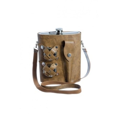 CADOURI SI SETURI - Set plosca cu 2 pahare pliabile si tacam, din inox, capacitate 1.5 l,  toc din piele ecologica maro deschis , are curea, usor de