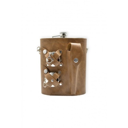Set plosca cu 2 pahare pliabile si tacam, din inox, capacitate 1.5 l,  toc din piele ecologica maro deschis , are curea, usor de [2]