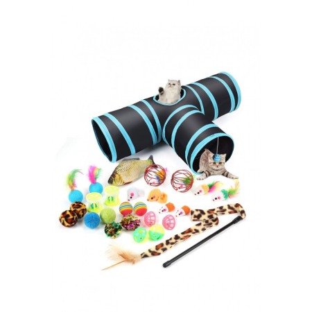 Ansambluri de joacă pentru pisici - Set Tunel de joaca pentru pisicute sau alte animalute de dimensiuni mici TTube Doty®, cu jucarii/accesorii incluse, 80x30x25,