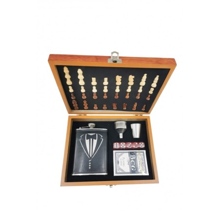 Set TuxedoGame Doty® cutie eleganta cadou, joc de sah complet, plosca de 100 ml, zaruri si joc de carti, 24x18 cm [1]