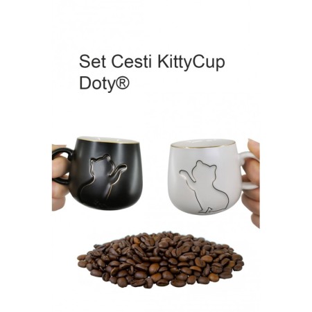 IDEEI DE CADOURI - Setul de 2 cesti KittyCup Doty®, cu farfurie si lingurita, design pisica, accente aurii, alb/negru, 150 ml
