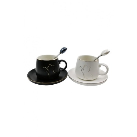 Setul de 2 cesti KittyCup Doty®, cu farfurie si lingurita, design pisica, accente aurii, alb/negru, 150 ml [1]