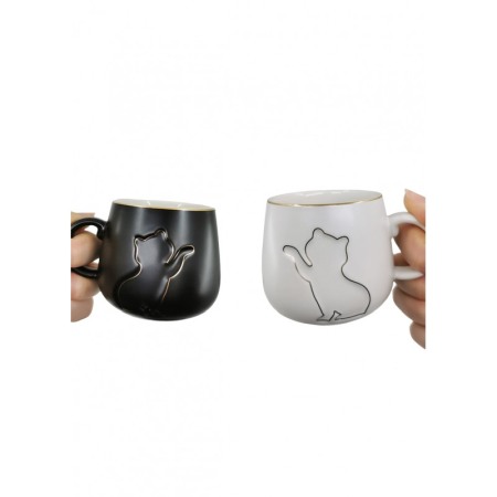 Setul de 2 cesti KittyCup Doty®, cu farfurie si lingurita, design pisica, accente aurii, alb/negru, 150 ml [6]