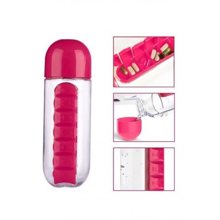 Sticla 3 in 1 Pink Vit , cu organizator medicamente ,  7 compartimente cu fiecare zi a saptamanii,organizator detasabil, 600 ml, [4]