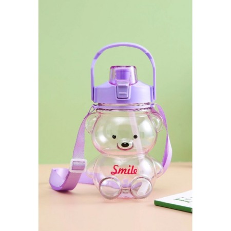Sticla pentru copii TeddyFriend Doty.ro®, design urs, semi-transparenta, curea, pai inclus, mov, 800ml [6]