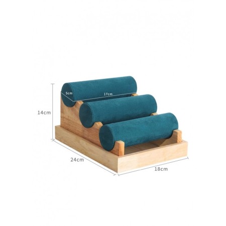 Suport Wood Velvet de expunere bratari si ceasuri, 3 forme cilidrice, 24 cm, catifea verde smarald, lemn bambus, Doty®️ [1]