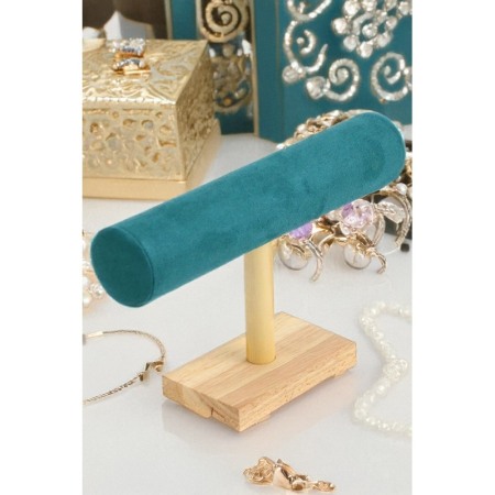 Suport Wood Velvet de expunere bratari si ceasuri, o forma cilindrica, 25 cm, catifea verde smarald, lemn bambus, Doty®️ [3]