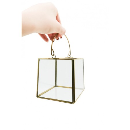 Vaza tip Terariu pentru plante HandleGolden Frame, forma cubica, din sticla si alama, transparent, 10x10 cm [1]