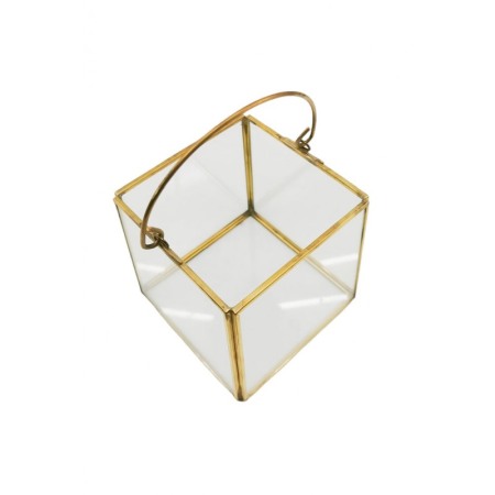 DECO - Vaza tip Terariu pentru plante HandleGolden Frame, forma cubica, din sticla si alama, transparent, 10x10 cm
