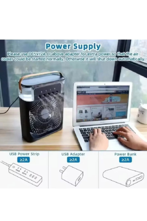 Acasa - Ventilator portabil BrizaGlow 3 in1 Doty®, usor de utilizat si curatat, USB, Iluminare, Racorire, Ventilare, umidificare, negru, 25x19 cm, 3 viteze, timer. 60 de grade ajustare