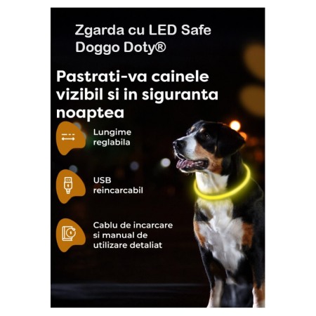Zgarda cu LED pentru caini de talie mica SafeDoggo Doty®, Marime S, 35 cm, USB inclus, reglabila, 3 tipuri de iluminare, galben [1]