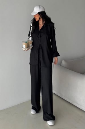 Toate categoriile - Compleu negru damă – cămașă și pantaloni lejeri, din două piese-Noir Minimal